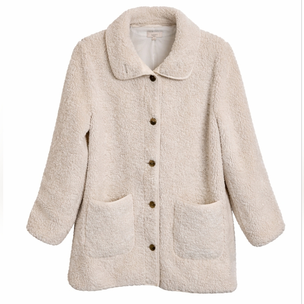LOFT Petite Sherpa Teddy Coat – Cream / Ivory – Button Front